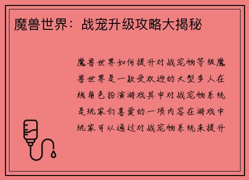 魔兽世界：战宠升级攻略大揭秘